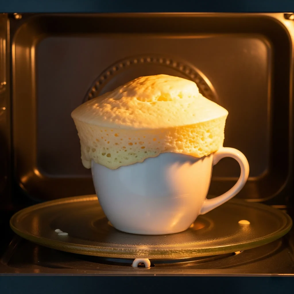 3 ingredient vanilla mug cake rising in microwave
