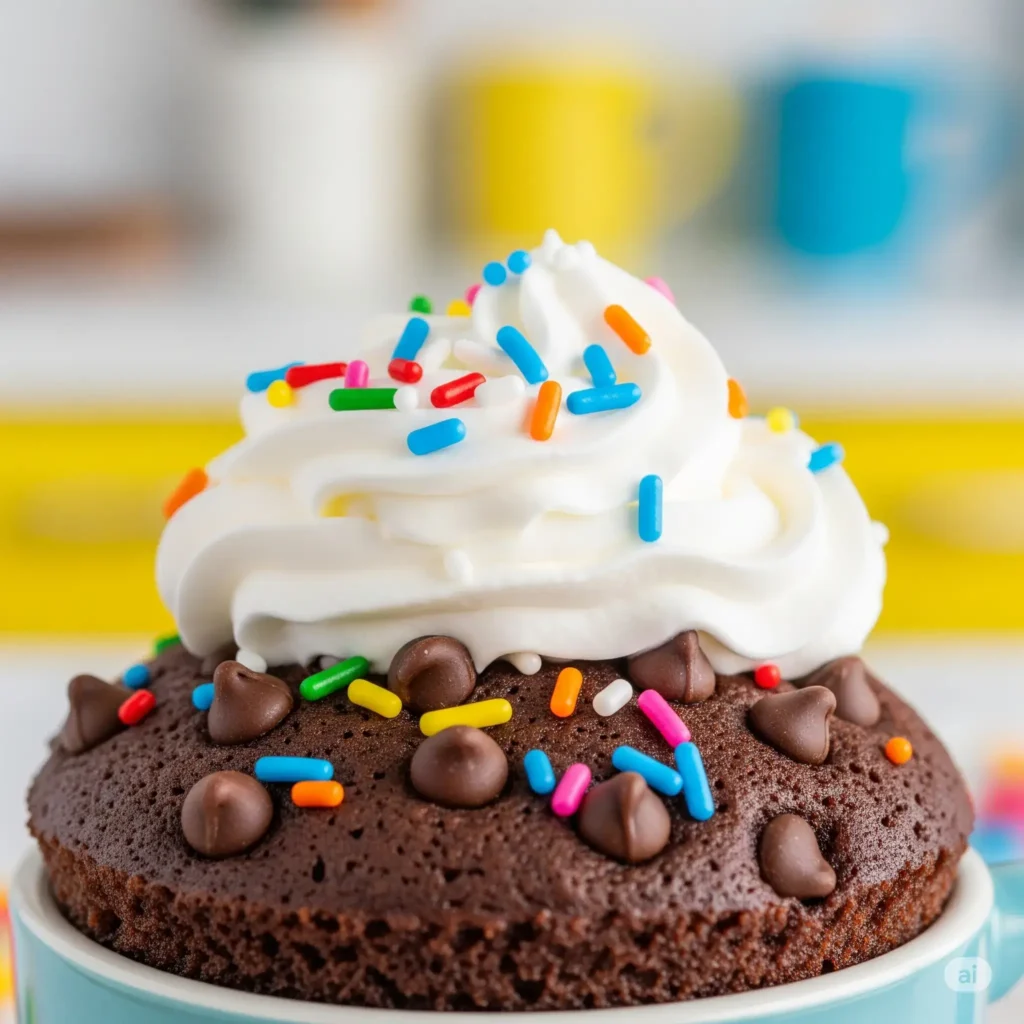 Mug cake with toppings like sprinkles and chips