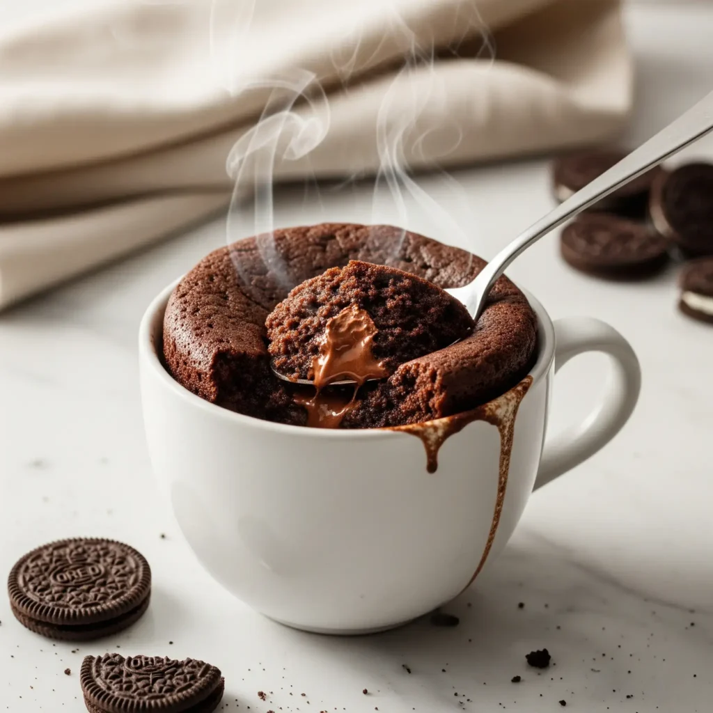 gooey oreo mug cake recipe in white ceramic mug