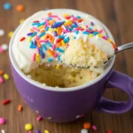 A close-up of a homemade vanilla mug cake in a purple mug, showcasing the fluffy texture from an easy vanilla mug cake recipe, topped with white frosting and colorful sprinkles.