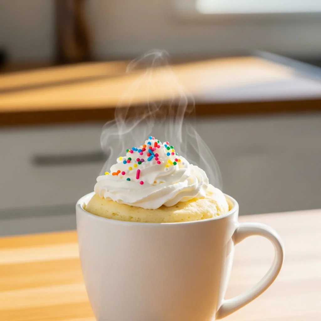 Fluffy vanilla mug cake recipe in a white mug