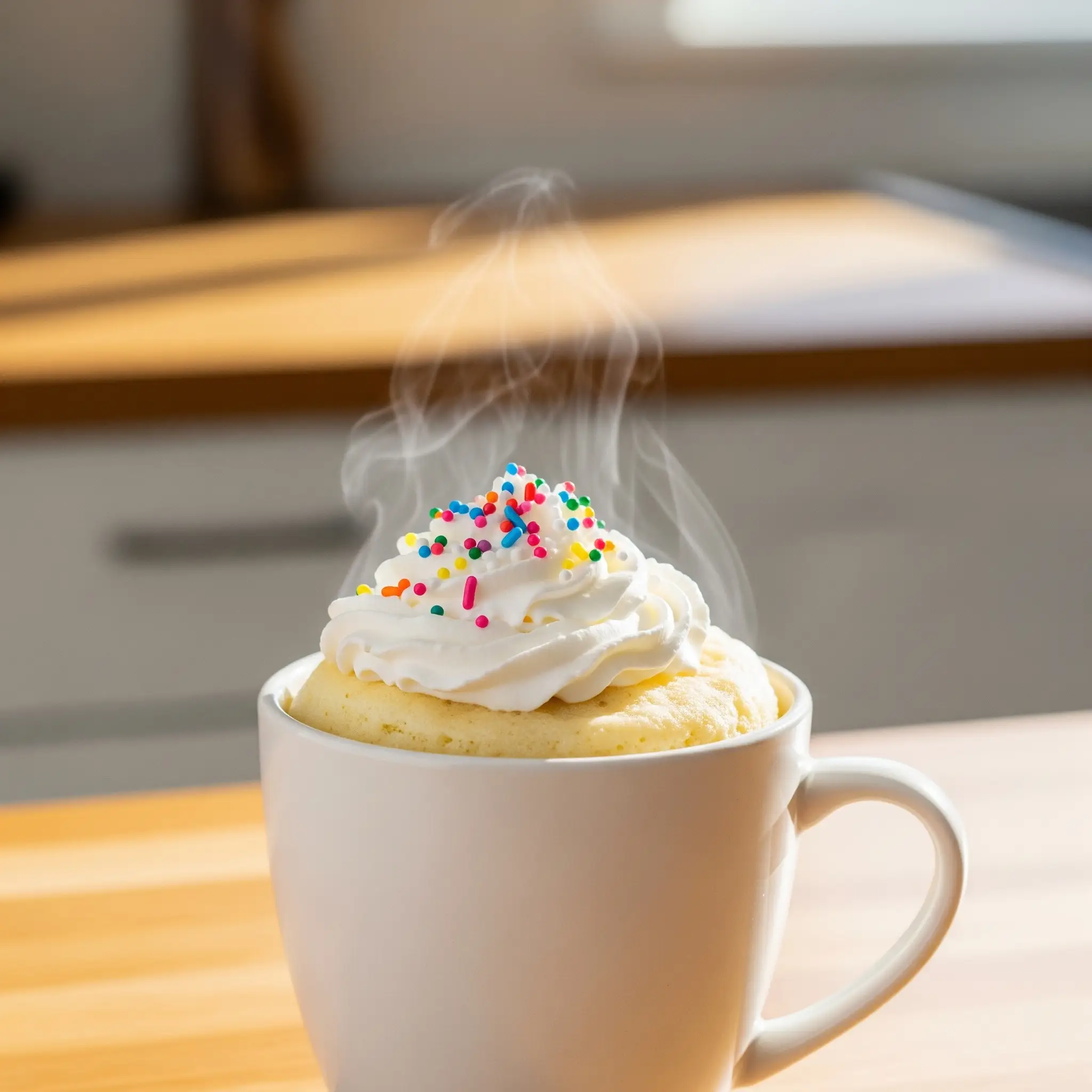 Fluffy vanilla mug cake recipe in a white mug