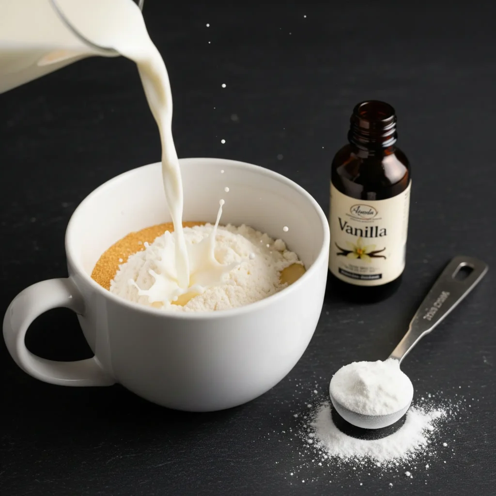 vanilla mug cake ingredients on a counter