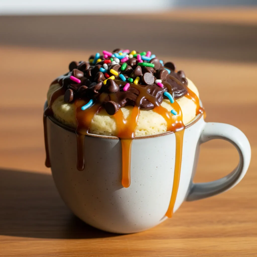 vanilla mug cake with toppings and flavor variations